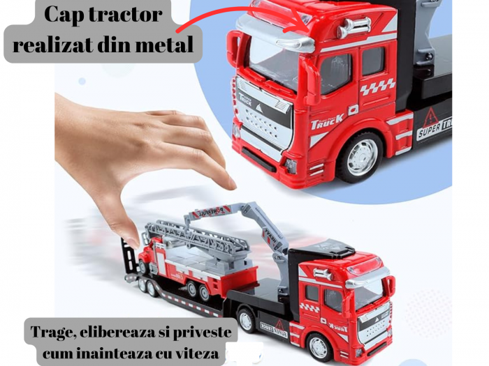Camion din metal cu macara si platforma, Autospeciala Pompieri din metal transportabila, Functie pull-back, 33cm, Rosu, +3ani, ERGINO® [2]