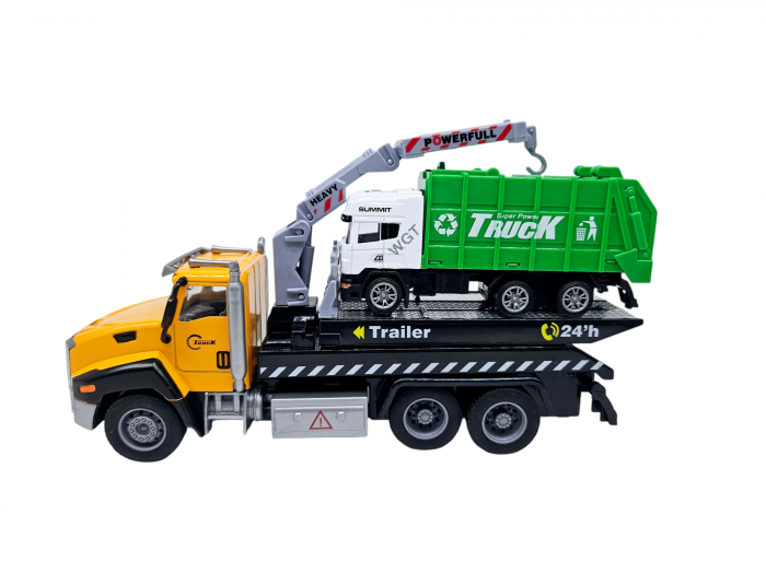 Camion din metal cu macara si platforma extensibila, Masina de Gunoi din metal transportabila, Functie pull-back, 28cm, Galben, +3ani, ERGINO® [6]