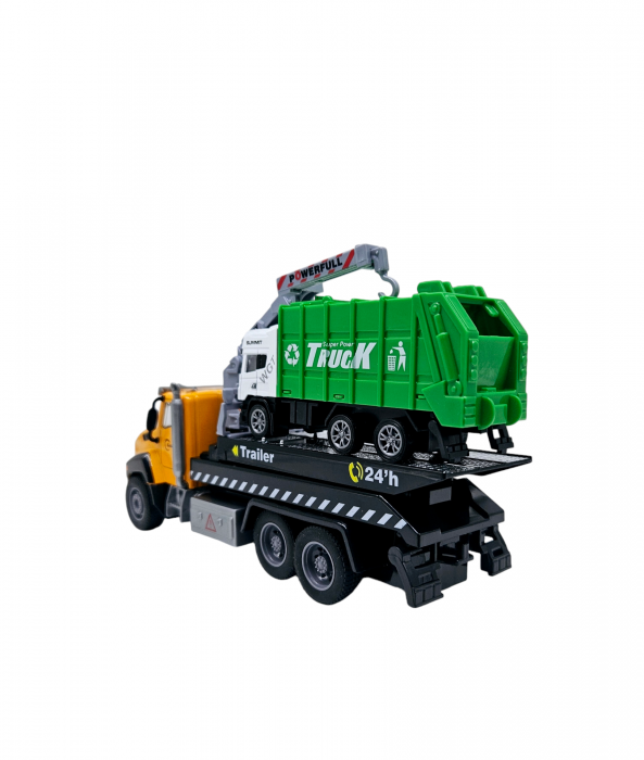 Camion din metal cu macara si platforma extensibila, Masina de Gunoi din metal transportabila, Functie pull-back, 28cm, Galben, +3ani, ERGINO® [7]