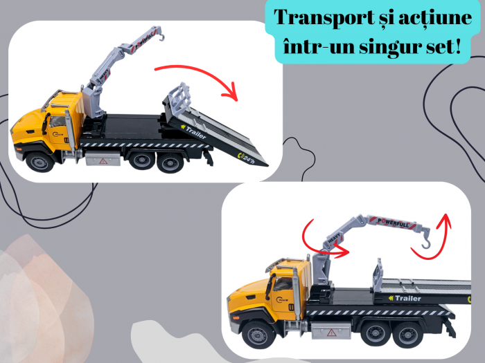 Camion din metal cu macara si platforma extensibila, Masina de Gunoi din metal transportabila, Functie pull-back, 28cm, Galben, +3ani, ERGINO® [3]