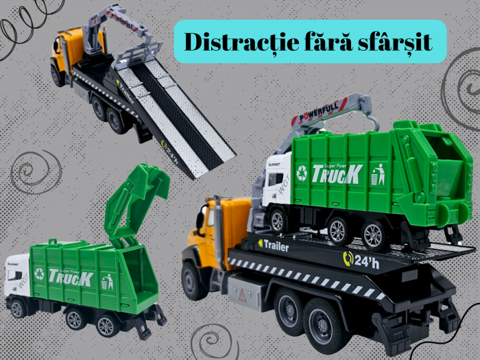 Camion din metal cu macara si platforma extensibila, Masina de Gunoi din metal transportabila, Functie pull-back, 28cm, Galben, +3ani, ERGINO® [4]