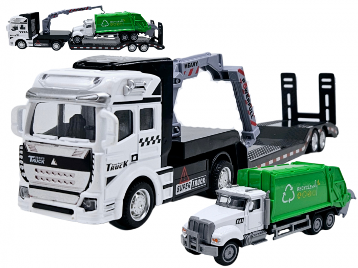 Camion din metal cu macara si platforma, Autospeciala Gunoi din metal transportabila, Functie pull-back, 33cm, Alb, +3ani, ERGINO® [1]