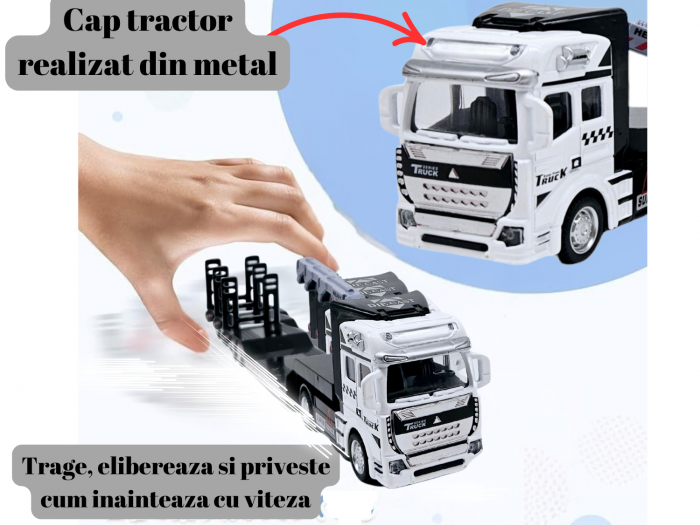 Camion din metal cu macara si platforma, Autospeciala Gunoi din metal transportabila, Functie pull-back, 33cm, Alb, +3ani, ERGINO® [2]