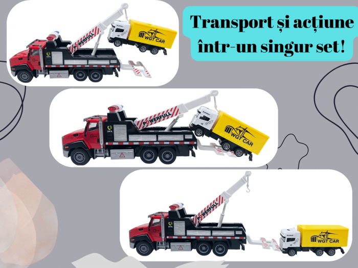 Camion din metal cu macara si platforma, Camion din metal transportabil, Functie pull-back, 28cm, Rosu, +3ani, ERGINO® [3]