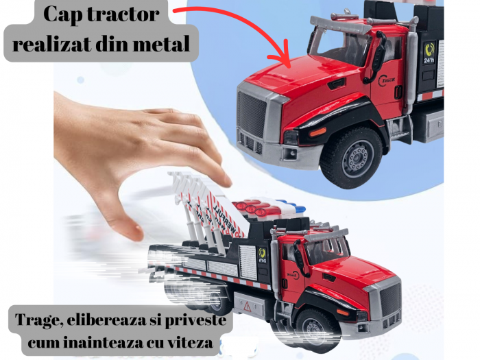 Camion din metal cu macara si platforma, Camion din metal transportabil, Functie pull-back, 28cm, Rosu, +3ani, ERGINO® [2]