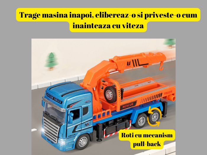 Camion din metal cu macara si platforma extensibila, O masinuta transportabila, Sunete si Lumini, Usile se deschid, 23 cm [7]