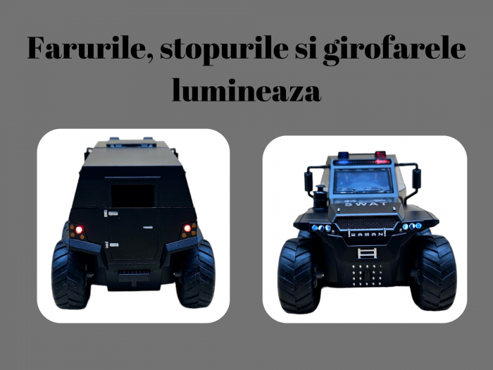 Camion din metal Swat Politie, 3 sunete realistice, Farurile, girofarele si stopurile lumineaza, Usile, capota si trapa se deschid, baterii incluse, 19cm, Negru [3]