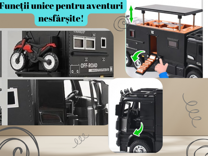 Camion Militar de Jucarie, Motocicleta Detasabila, Realizat din Metal, 8 Roti, Sunete si lumini, Usi mobile, Pull-back, Diferite functii, Camion Armata, 25 cm, Negru [5]