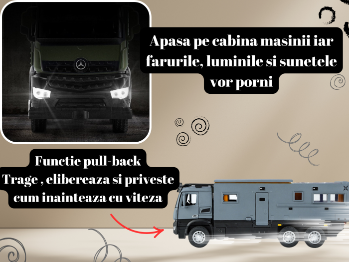 Camion Militar de Jucarie, Motocicleta Detasabila, Realizat din Metal, 8 Roti, Sunete si lumini, Usi mobile, Pull-back, Diferite functii, Camion Armata, 25 cm, Gri [4]
