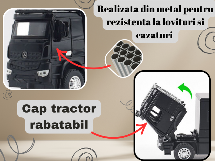 Camion Militar de Jucarie, Motocicleta Detasabila, Realizat din Metal, 8 Roti, Sunete si lumini, Usi mobile, Pull-back, Diferite functii, Camion Armata, 25 cm, Negru [3]