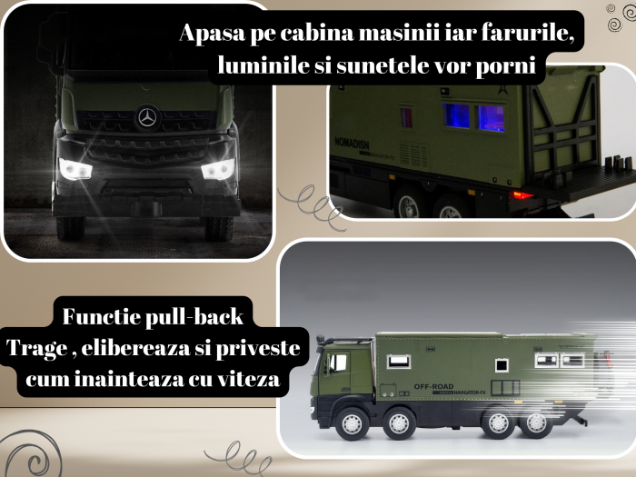 Camion Militar de Jucarie, Motocicleta Detasabila, Realizat din Metal, 8 Roti, Sunete si lumini, Usi mobile, Pull-back, Diferite functii, Camion Armata, 25 cm, Verde [4]