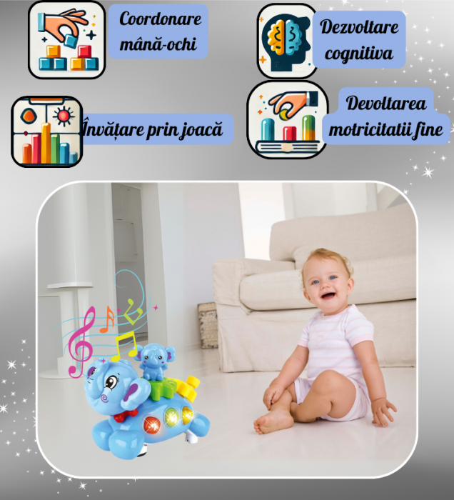 Jucărie Interactivă Muzicală Elefant cu Lumini și Sunete - Rotire 180° [5]