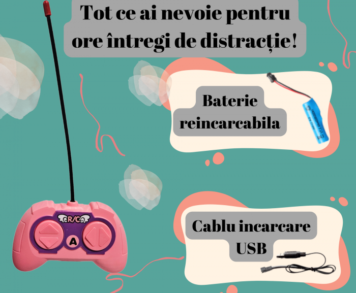 Masina cu Telecomanda, Acrobatii, Rotire 360°, Sunete si Lumini, Rezistenta la Impact, Baterie Reincarcabila, Cablu USB, Roti Antiderapante, Iepusras, 20cm, ERGINO® [6]