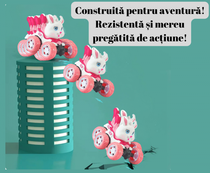 Masina cu Telecomanda, Acrobatii, Rotire 360°, Sunete si Lumini, Rezistenta la Impact, Baterie Reincarcabila, Cablu USB, Roti Antiderapante, Iepusras, 20cm, ERGINO® [4]