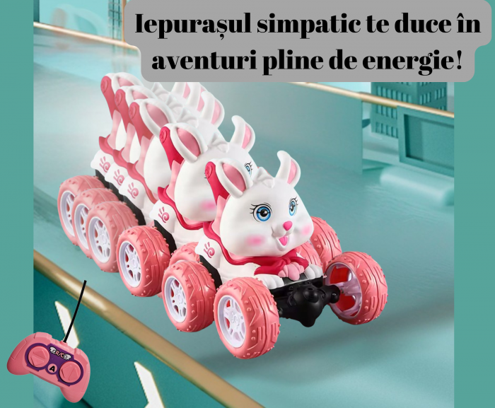 Masina cu Telecomanda, Acrobatii, Rotire 360°, Sunete si Lumini, Rezistenta la Impact, Baterie Reincarcabila, Cablu USB, Roti Antiderapante, Iepusras, 20cm, ERGINO® [5]