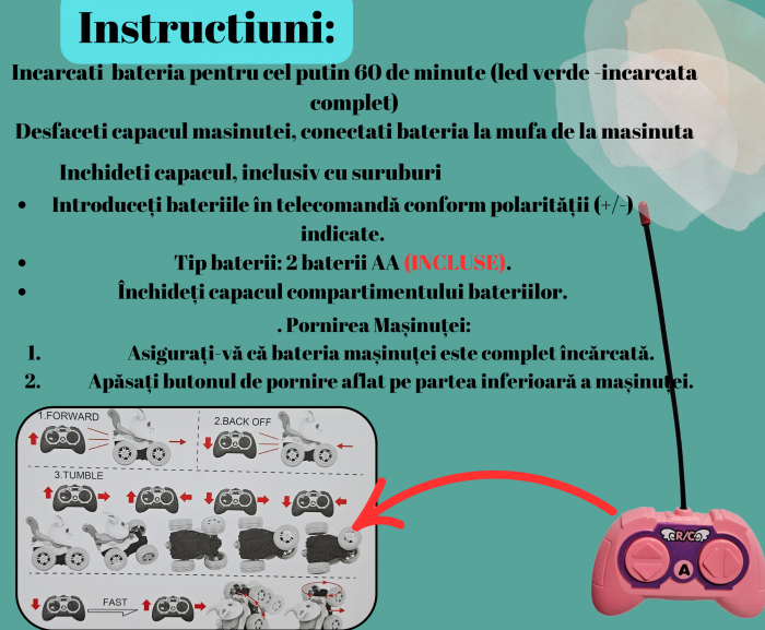 Masina cu Telecomanda, Acrobatii, Rotire 360°, Sunete si Lumini, Rezistenta la Impact, Baterie Reincarcabila, Cablu USB, Roti Antiderapante, Iepusras, 20cm, ERGINO® [8]