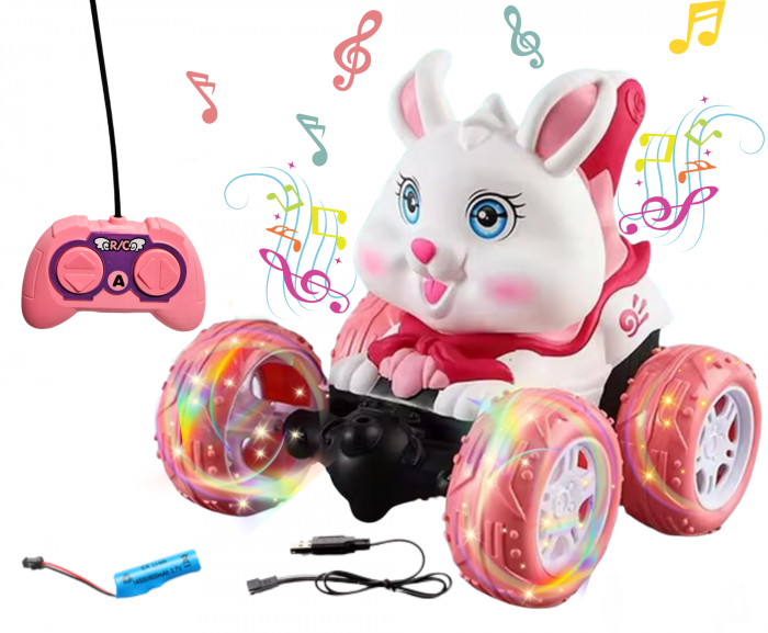 Masina cu Telecomanda, Acrobatii, Rotire 360°, Sunete si Lumini, Rezistenta la Impact, Baterie Reincarcabila, Cablu USB, Roti Antiderapante, Iepusras, 20cm, ERGINO® [1]