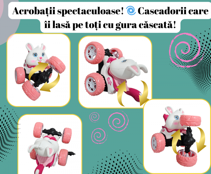 Masina cu Telecomanda, Acrobatii, Rotire 360°, Sunete si Lumini, Rezistenta la Impact, Baterie Reincarcabila, Cablu USB, Roti Antiderapante, Iepusras, 20cm, ERGINO® [3]