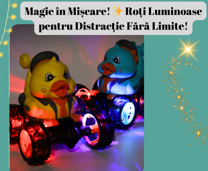 Masina cu Telecomanda, Acrobatii, Rotire 360°, Sunete si Lumini, Rezistenta la Impact, Baterie Reincarcabila, Cablu USB, Roti Antiderapante, Puisor, Galben 20cm, ERGINO® [2]