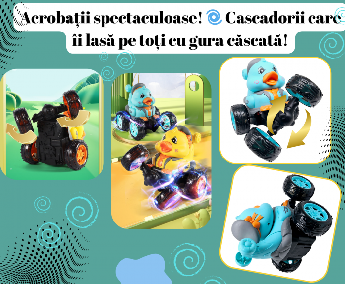 Masina cu Telecomanda, Acrobatii, Rotire 360°, Sunete si Lumini, Rezistenta la Impact, Baterie Reincarcabila, Cablu USB, Roti Antiderapante, Puisor, Verde, 20cm, ERGINO® [3]