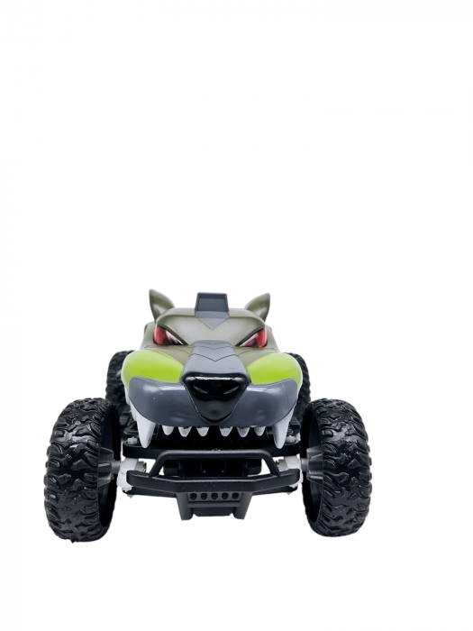 Masina cu Telecomanda Off-Road, Lumini, Baterie Reincarcabila, Cablu USB, Anvelope Cauciuc, Model Caine-Lup, Verde, Plastic, +3ani, ERGINO® [9]