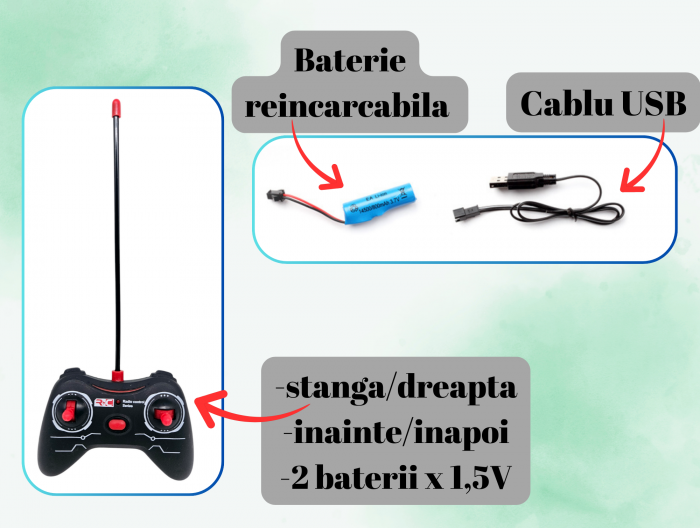 Masina cu Telecomanda Off-Road, Lumini, Baterie Reincarcabila, Cablu USB, Anvelope Cauciuc, Model Caine-Lup, Verde, Plastic, +3ani, ERGINO® [3]