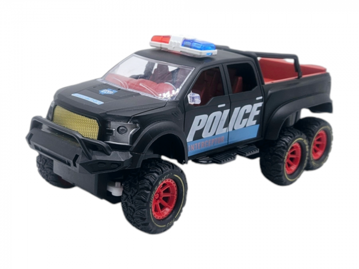 Masina de Politie cu Telecomanda cu 6 Roti, Efect Abur si lumina led, Faruri Functionale si Baterie Reincarcabila, Calblu USB inclus, Negru, 24cm, Plastic [7]