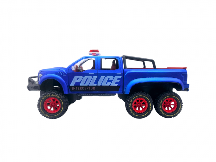 Masina de Politie cu Telecomanda cu 6 Roti, Efect Abur si lumina led, Faruri Functionale si Baterie Reincarcabila, Calblu USB inclus, Albastru, 24cm, Plastic [5]