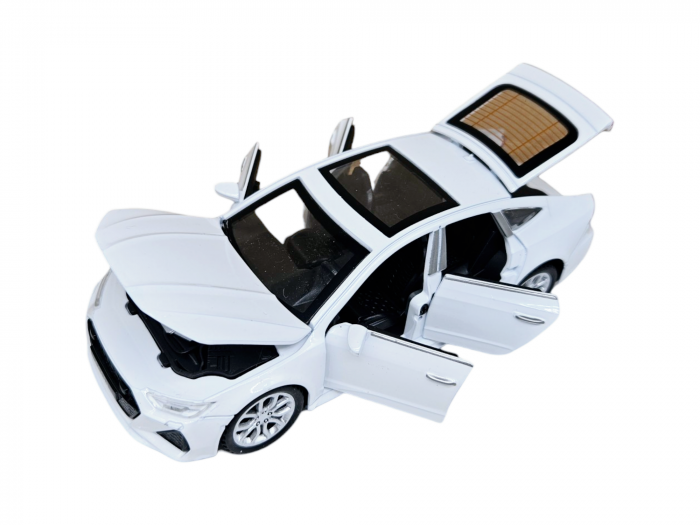 Masina metalica Audi A7, Sunete si lumini, usi capota si portbagaj care se deschid, Baterii incluse, 16cm, Alb, Scara 1:32, Replica [4]