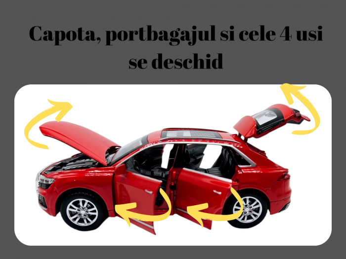 Masina metalica Audi Q8, Sunete realistice, Farurile si stopurile lumineaza, Usile, capota si portbagajul se deschid, Baterii incluse, 16cm, Rosu, Scara 1:32, Replica [2]