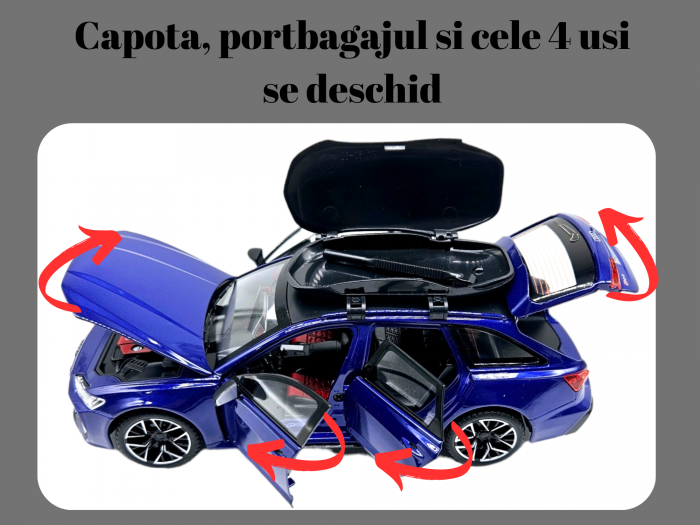 Masina metalica Audi RS7 cu portbagaj mobil, Sunete realistice, Farurile si stopurile lumineaza, Usile, capota si portbagajul se deschid, Baterii incluse,  21cm, Albastru,replica [2]