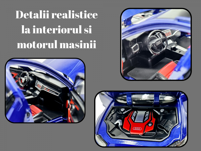 Masina metalica Audi RS7 cu portbagaj mobil, Sunete realistice, Farurile si stopurile lumineaza, Usile, capota si portbagajul se deschid, Baterii incluse,  21cm, Albastru,replica [4]