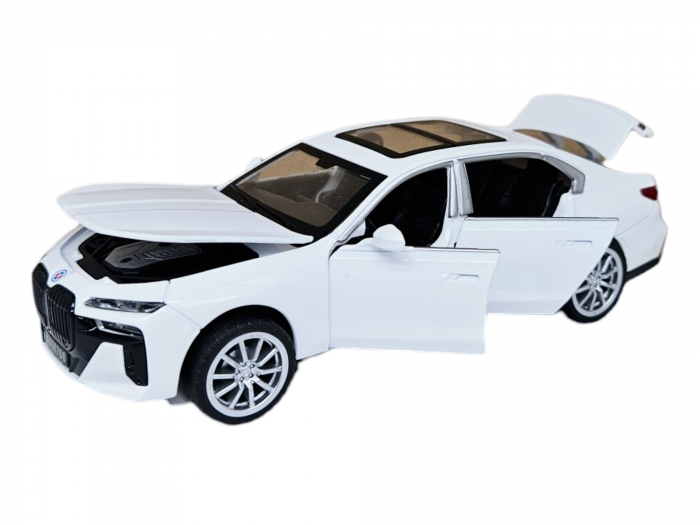 Masina metalica BMW 760, cu sunete si lumini, usi capota si portbagaj care se deschid, 16cm, Alb, Scara 1:32, Replica [1]