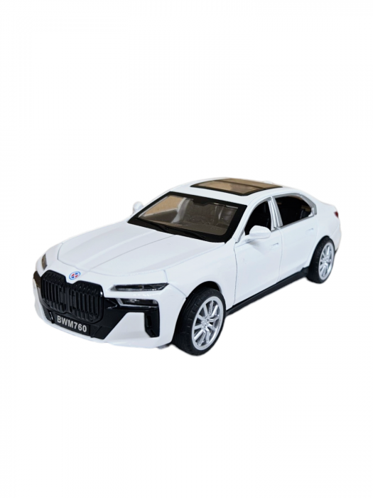 Masina metalica BMW 760, cu sunete si lumini, usi capota si portbagaj care se deschid, 16cm, Alb, Scara 1:32, Replica [8]