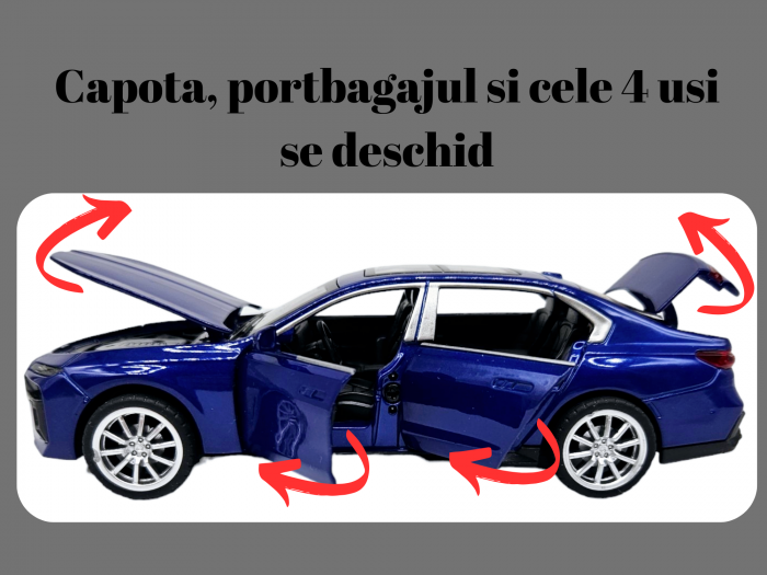 Masina metalica BMW 760, cu sunete si lumini, usi capota si portbagaj care se deschid, 16cm, Albastru, Scara 1:32, Replica [2]