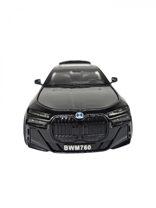 Masina metalica BMW 760, cu sunete si lumini, usi capota si portbagaj care se deschid, 16cm, Negru, Scara 1:32, Replica [5]