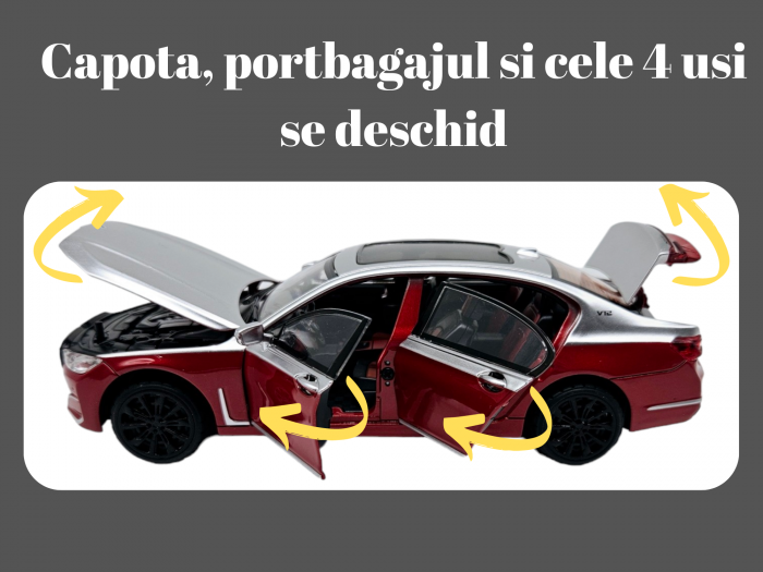 Masina metalica BMW Seria 7, 3 sunete realistice, Farurile si stopurile lumineaza, Usile, capota si portbagajul se deschid, Baterii incluse, 22cm, Rosu, Scara 1:24, Replica [2]