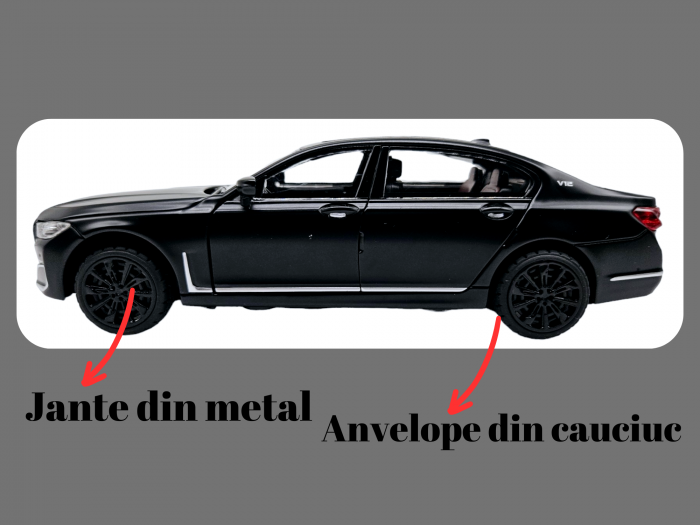 Masina metalica BMW Seria 7, 3 sunete realistice, Farurile si stopurile lumineaza, Usile, capota si portbagajul se deschid, Baterii incluse, 22cm, Negru, Scara 1:24, Replica [4]