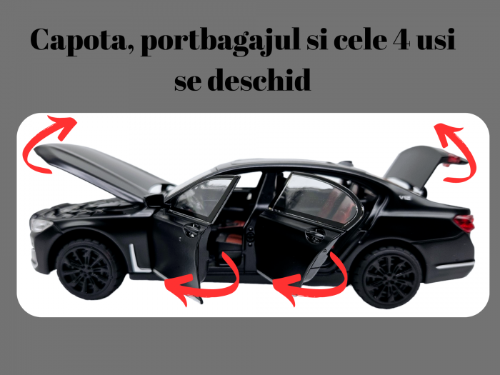 Masina metalica BMW Seria 7, 3 sunete realistice, Farurile si stopurile lumineaza, Usile, capota si portbagajul se deschid, Baterii incluse, 22cm, Negru, Scara 1:24, Replica [3]