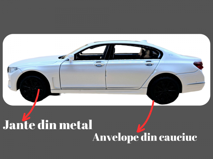 Masina metalica BMW Seria 7, 3 sunete realistice, Farurile si stopurile lumineaza, Usile, capota si portbagajul se deschid, Baterii incluse, 22cm, Alb, Scara 1:24, Replica [4]