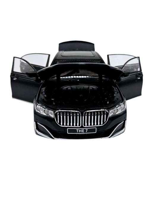Masina metalica BMW Seria 7, 3 sunete realistice, Farurile si stopurile lumineaza, Usile, capota si portbagajul se deschid, Baterii incluse, 22cm, Negru, Scara 1:24, Replica [7]