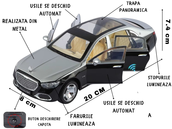 Masina metalica cu Cheie, tip Mercedes Maybach S 680, Usile se deschid din Cheie, Sunete si lumini, Cablu USB, Capota si portbagaj mobile, scara 1:24, Negru-argintiu, 20cm [2]