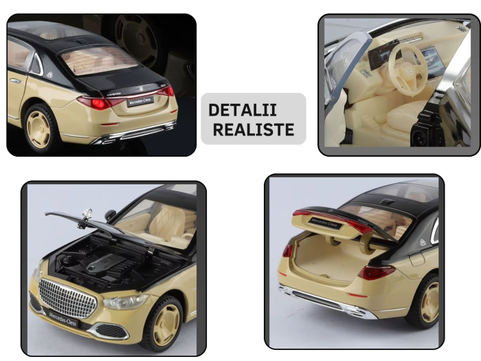 Masina metalica cu Cheie, tip Mercedes Maybach S 680, Usile se deschid din Cheie, Sunete si lumini, Cablu USB, Capota si portbagaj mobile, scara 1:24, Bej, 20cm [4]