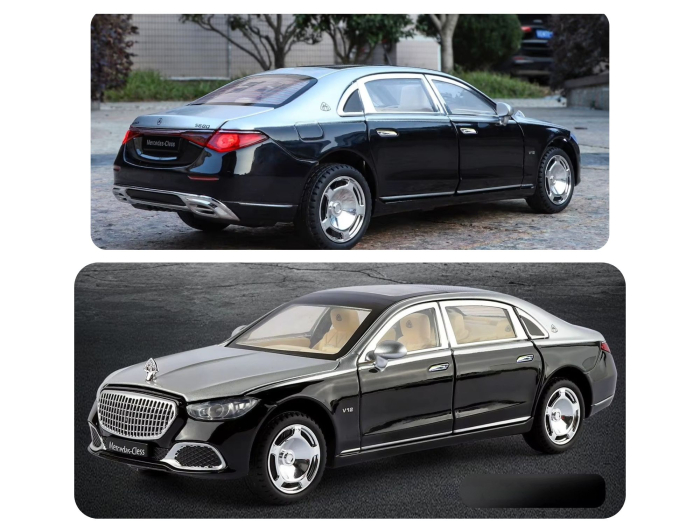 Masina metalica cu Cheie, tip Mercedes Maybach S 680, Usile se deschid din Cheie, Sunete si lumini, Cablu USB, Capota si portbagaj mobile, scara 1:24, Negru-argintiu, 20cm [6]