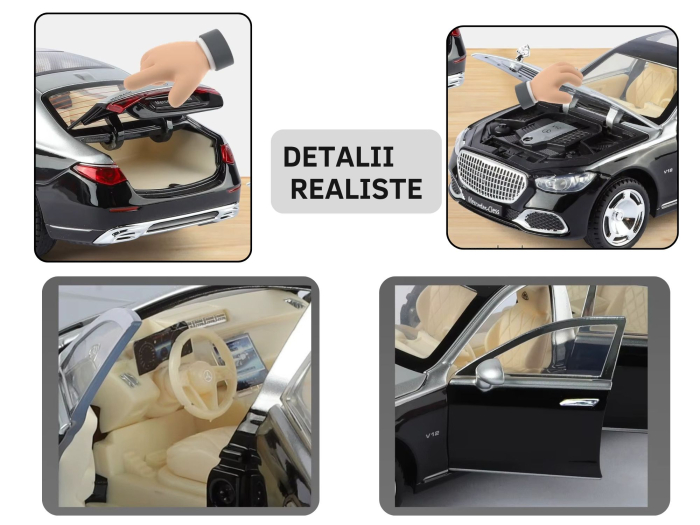 Masina metalica cu Cheie, tip Mercedes Maybach S 680, Usile se deschid din Cheie, Sunete si lumini, Cablu USB, Capota si portbagaj mobile, scara 1:24, Negru-argintiu, 20cm [4]