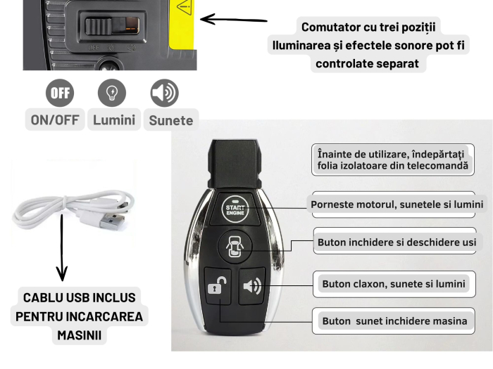 Masina metalica cu Cheie, tip Mercedes Maybach S 680, Usile se deschid din Cheie, Sunete si lumini, Cablu USB, Capota si portbagaj mobile, scara 1:24, Negru-argintiu, 20cm [3]