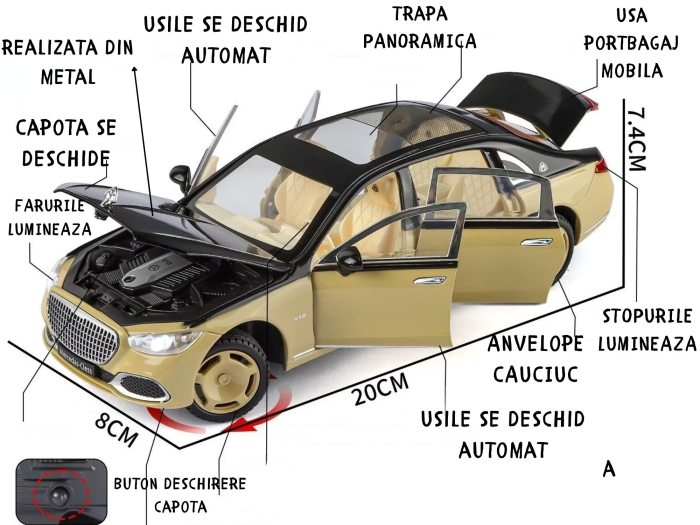 Masina metalica cu Cheie, tip Mercedes Maybach S 680, Usile se deschid din Cheie, Sunete si lumini, Cablu USB, Capota si portbagaj mobile, scara 1:24, Bej, 20cm [2]