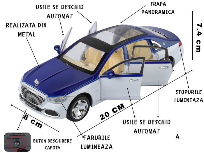 Masina metalica cu Cheie, tip Mercedes Maybach S 680, Usile se deschid din Cheie, Sunete si lumini, Cablu USB, Capota si portbagaj mobile, scara 1:24, Alb, 20cm [2]