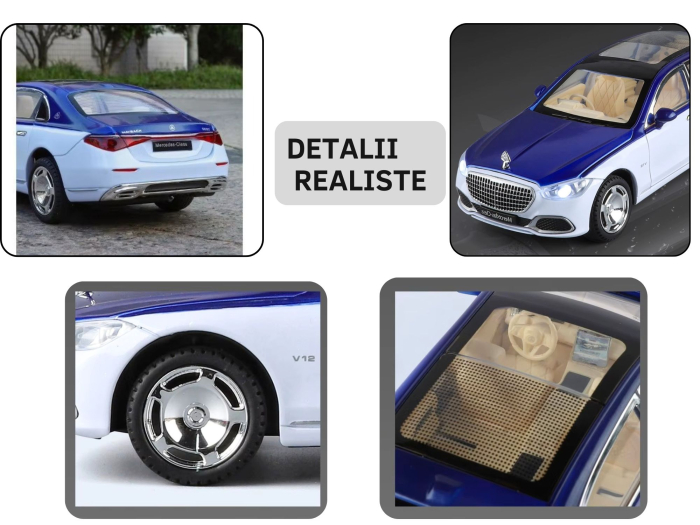 Masina metalica cu Cheie, tip Mercedes Maybach S 680, Usile se deschid din Cheie, Sunete si lumini, Cablu USB, Capota si portbagaj mobile, scara 1:24, Alb, 20cm [4]