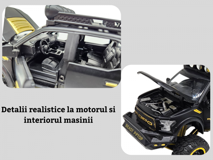 Masina metalica, cu sunete si lumini, usi mobile, capota mobila, jeep, tip Ford Raptor, cu motocicleta detasabila, Scara 1:28, Negru, 21cm Negru [4]